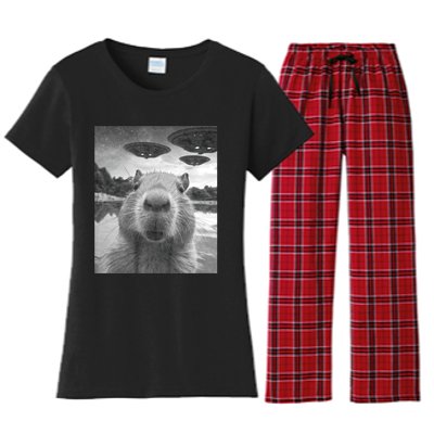 Funny Graphic Capybara Selfie With Ufos Weird Women's Flannel Pajama Set