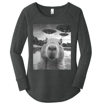 Funny Graphic Capybara Selfie With Ufos Weird Women's Perfect Tri Tunic Long Sleeve Shirt