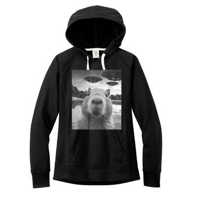 Funny Graphic Capybara Selfie With Ufos Weird Women's Fleece Hoodie