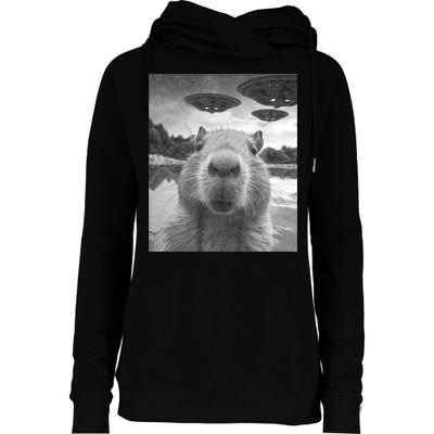 Funny Graphic Capybara Selfie With Ufos Weird Womens Funnel Neck Pullover Hood