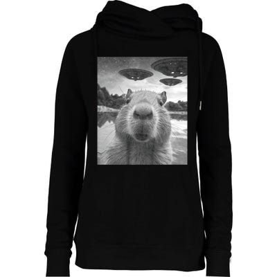 Funny Graphic Capybara Selfie With Ufos Weird Womens Funnel Neck Pullover Hood