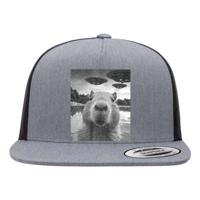 Funny Graphic Capybara Selfie With Ufos Weird Flat Bill Trucker Hat