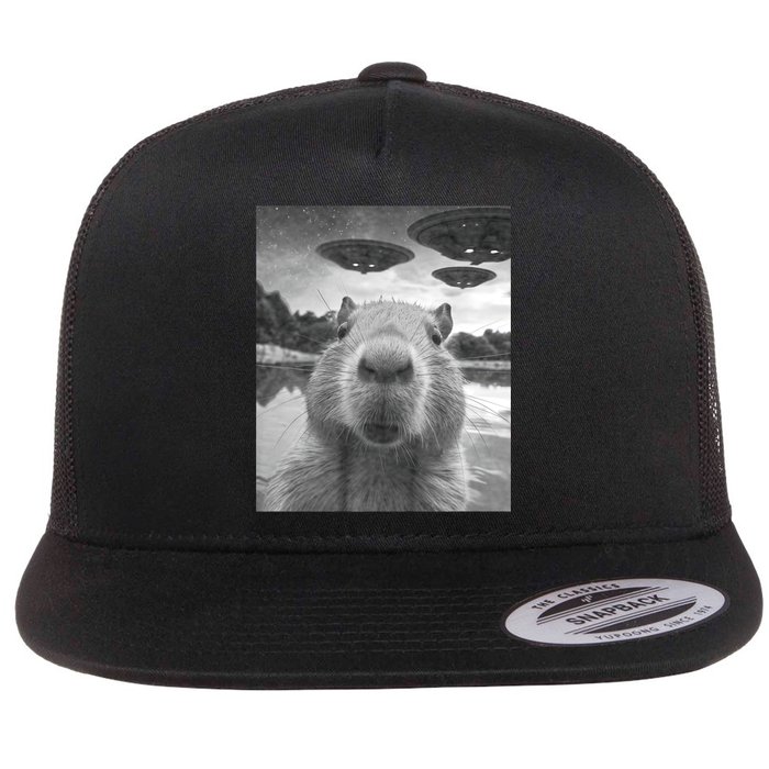 Funny Graphic Capybara Selfie With Ufos Weird Flatbill Hat
