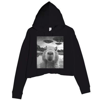 Funny Graphic Capybara Selfie With Ufos Weird Crop Fleece Hoodie