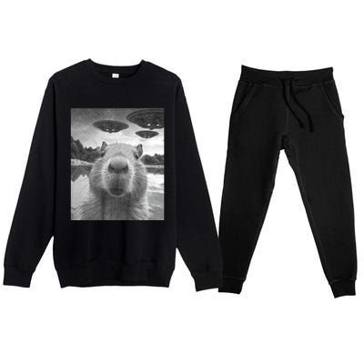 Funny Graphic Capybara Selfie With Ufos Weird Premium Crewneck Sweatsuit Set