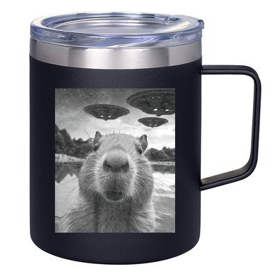 Funny Graphic Capybara Selfie With Ufos Weird 12oz Stainless Steel Coffee Mug