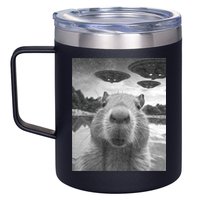 Funny Graphic Capybara Selfie With Ufos Weird 12oz Stainless Steel Coffee Mug