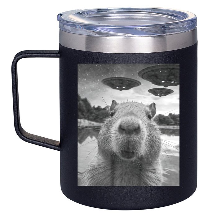 Funny Graphic Capybara Selfie With Ufos Weird 12oz Stainless Steel Coffee Mug