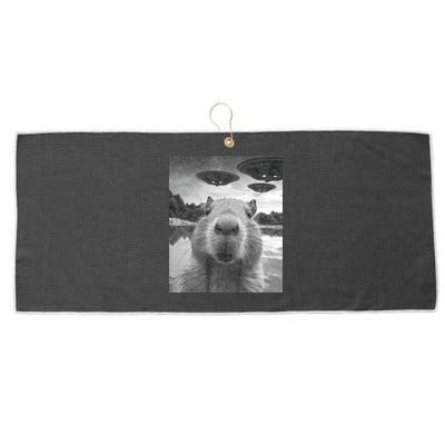 Funny Graphic Capybara Selfie With Ufos Weird Large Microfiber Waffle Golf Towel