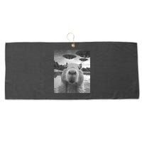 Funny Graphic Capybara Selfie With Ufos Weird Large Microfiber Waffle Golf Towel