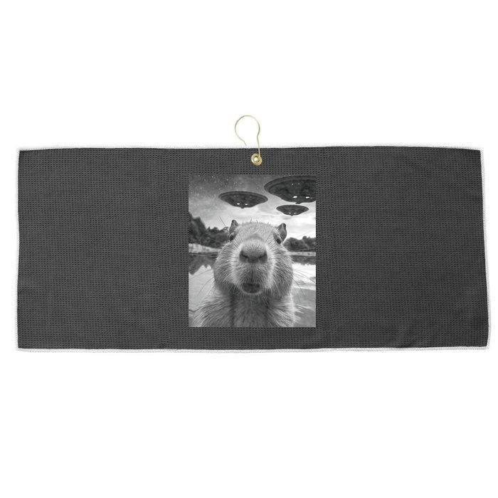 Funny Graphic Capybara Selfie With Ufos Weird Large Microfiber Waffle Golf Towel