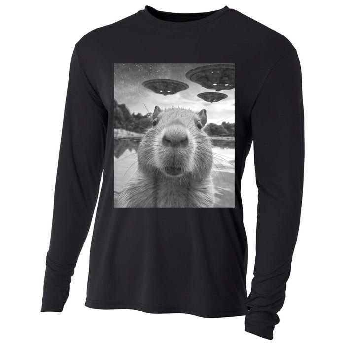 Funny Graphic Capybara Selfie With Ufos Weird Cooling Performance Long Sleeve Crew