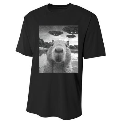 Funny Graphic Capybara Selfie With Ufos Weird Performance Sprint T-Shirt