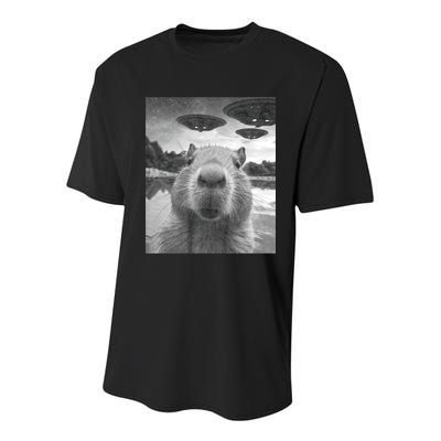 Funny Graphic Capybara Selfie With Ufos Weird Youth Performance Sprint T-Shirt