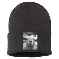 Funny Graphic Capybara Selfie With Ufos Weird Sustainable Knit Beanie