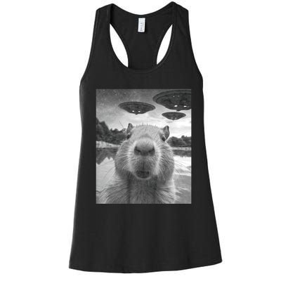 Funny Graphic Capybara Selfie With Ufos Weird Women's Racerback Tank