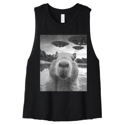 Funny Graphic Capybara Selfie With Ufos Weird Women's Racerback Cropped Tank