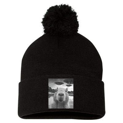 Funny Graphic Capybara Selfie With Ufos Weird Pom Pom 12in Knit Beanie