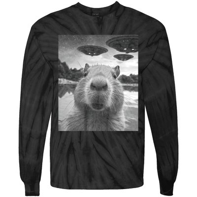 Funny Graphic Capybara Selfie With Ufos Weird Tie-Dye Long Sleeve Shirt