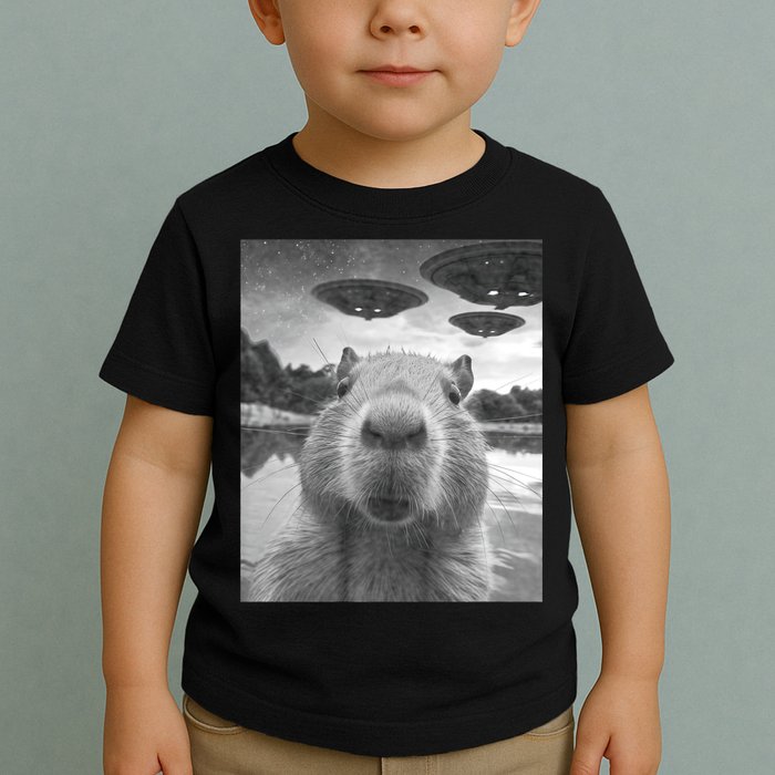 Funny Graphic Capybara Selfie With Ufos Weird Toddler T-Shirt