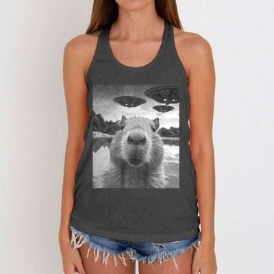 Funny Graphic Capybara Selfie With Ufos Weird Women's Knotted Racerback Tank