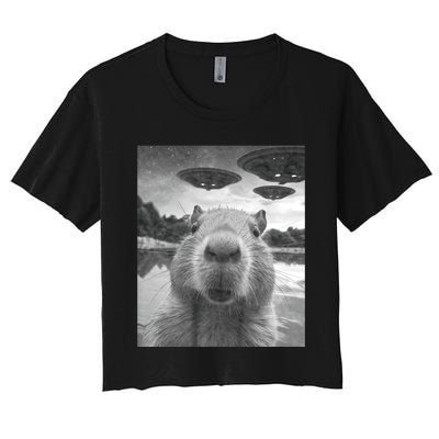 Funny Graphic Capybara Selfie With Ufos Weird Women's Crop Top Tee