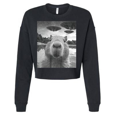 Funny Graphic Capybara Selfie With Ufos Weird Cropped Pullover Crew