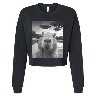 Funny Graphic Capybara Selfie With Ufos Weird Cropped Pullover Crew