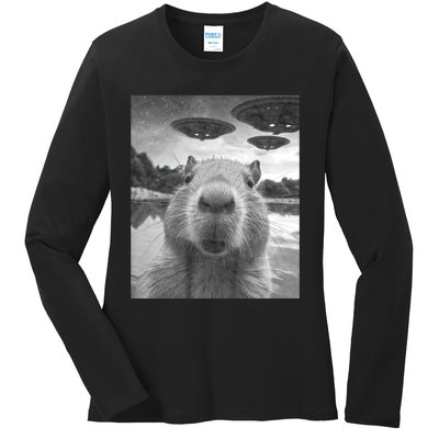 Funny Graphic Capybara Selfie With Ufos Weird Ladies Long Sleeve Shirt