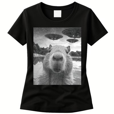 Funny Graphic Capybara Selfie With Ufos Weird Womens T-Shirt