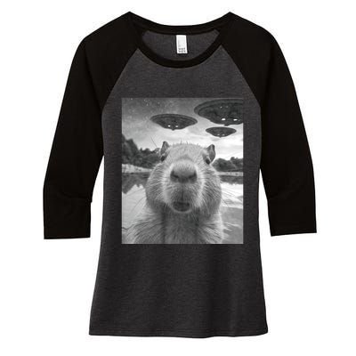 Funny Graphic Capybara Selfie With Ufos Weird Women's Tri-Blend 3/4-Sleeve Raglan Shirt