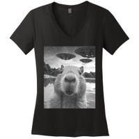 Funny Graphic Capybara Selfie With Ufos Weird Women's V-Neck T-Shirt