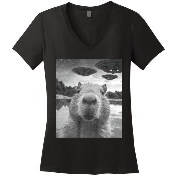 Funny Graphic Capybara Selfie With Ufos Weird Women's V-Neck T-Shirt