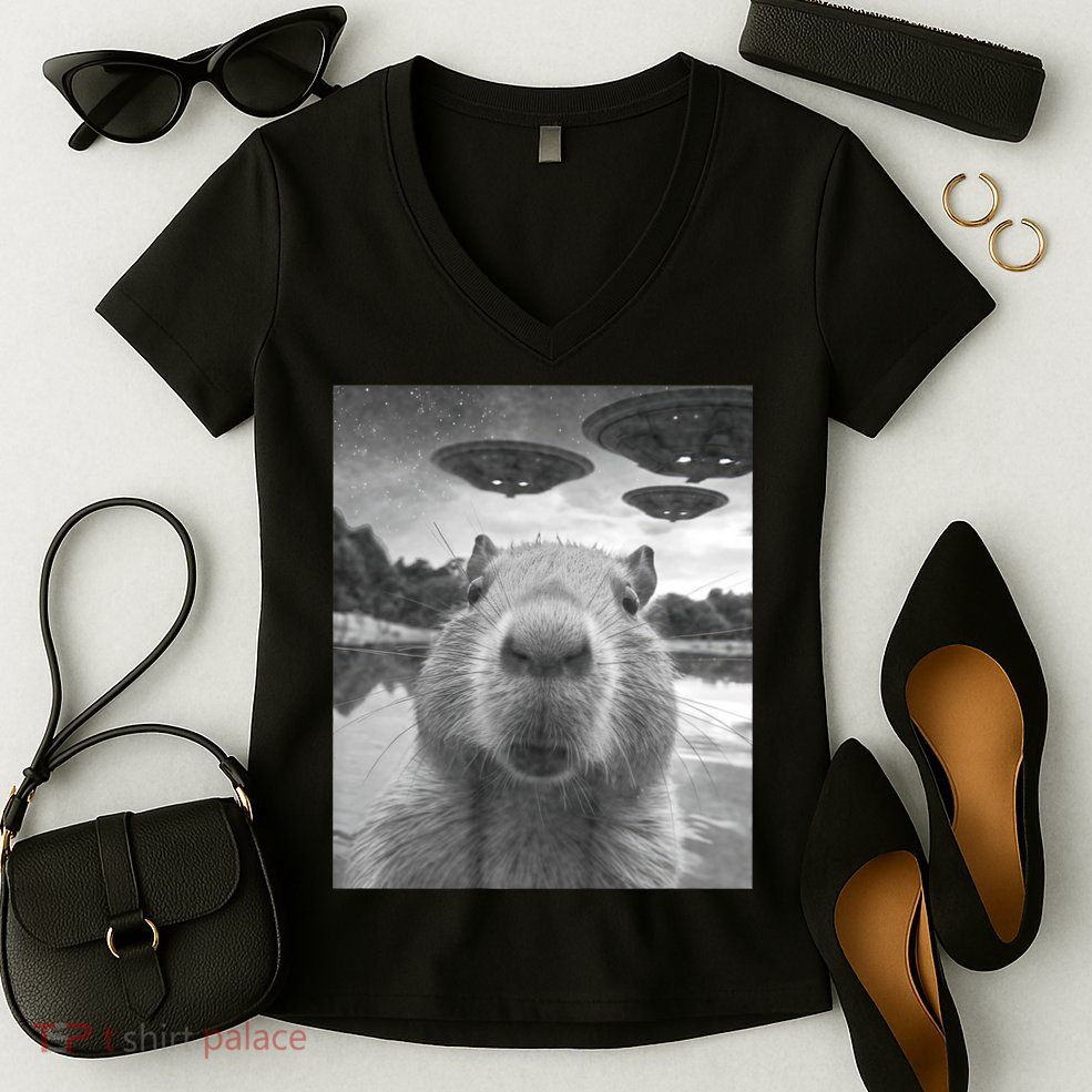 Funny Graphic Capybara Selfie With Ufos Weird Women's V-Neck T-Shirt
