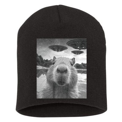 Funny Graphic Capybara Selfie With Ufos Weird Short Acrylic Beanie