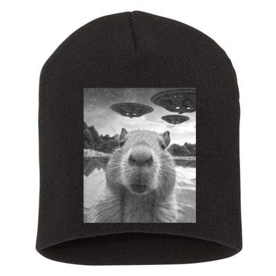 Funny Graphic Capybara Selfie With Ufos Weird Short Acrylic Beanie