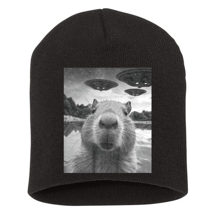 Funny Graphic Capybara Selfie With Ufos Weird Short Acrylic Beanie