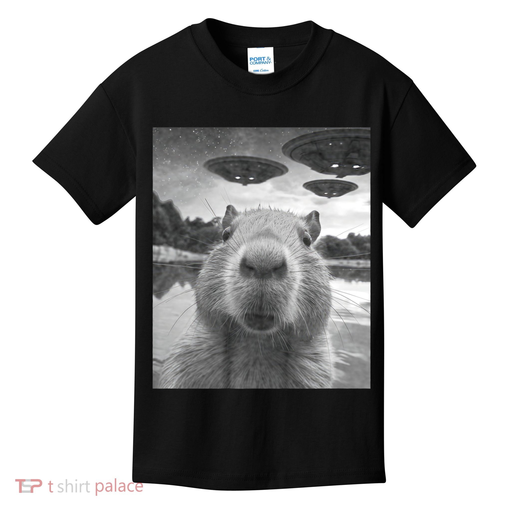 Funny Graphic Capybara Selfie With Ufos Weird Kids T-Shirt