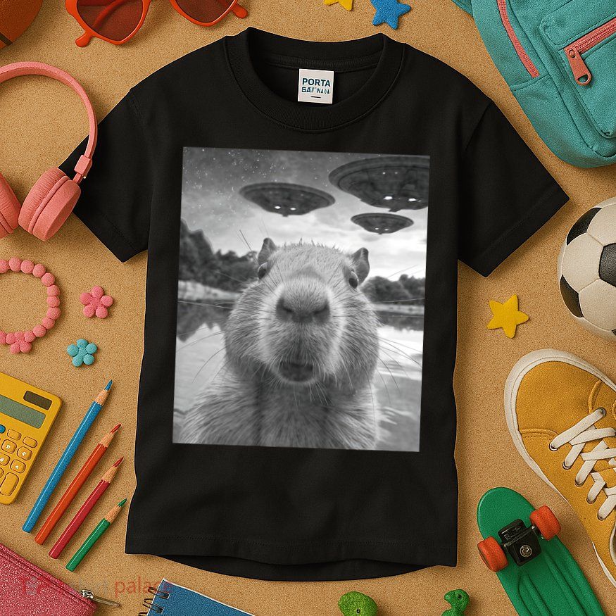 Funny Graphic Capybara Selfie With Ufos Weird Kids T-Shirt