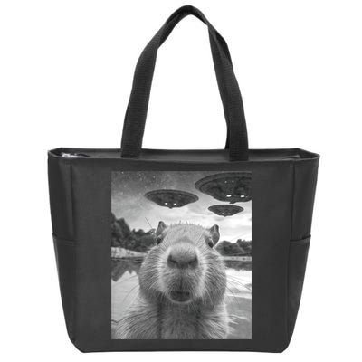 Funny Graphic Capybara Selfie With Ufos Weird Zip Tote Bag