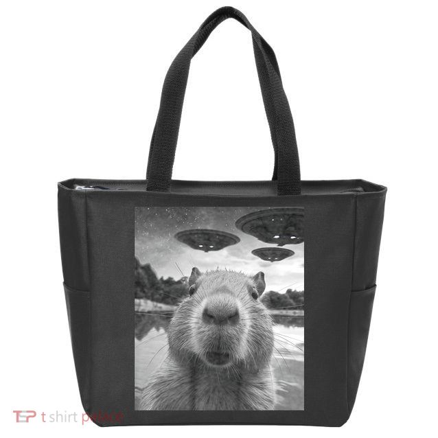 Funny Graphic Capybara Selfie With Ufos Weird Zip Tote Bag
