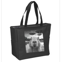Funny Graphic Capybara Selfie With Ufos Weird Zip Tote Bag
