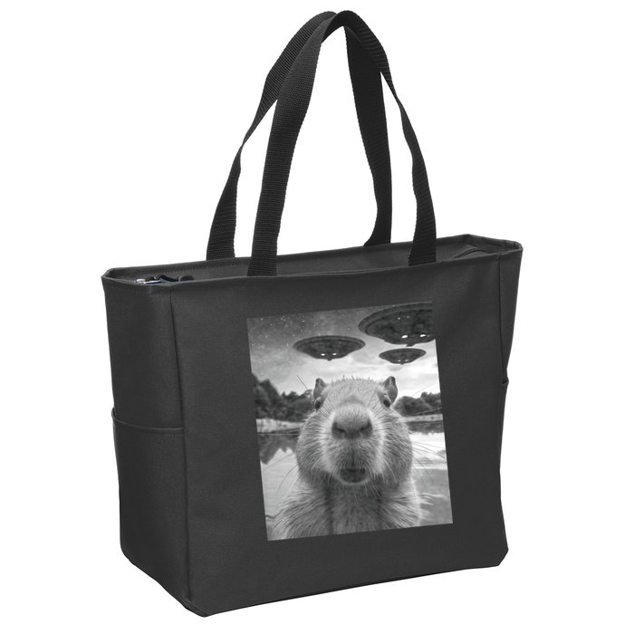 Funny Graphic Capybara Selfie With Ufos Weird Zip Tote Bag
