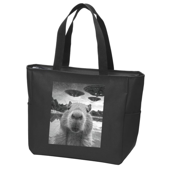 Funny Graphic Capybara Selfie With Ufos Weird Zip Tote Bag