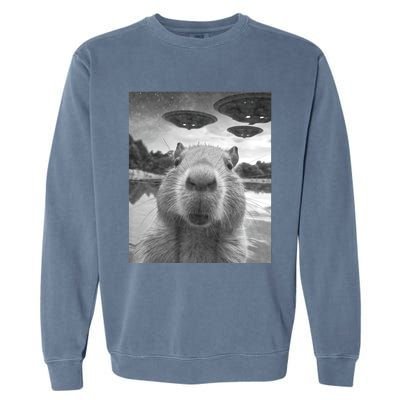 Funny Graphic Capybara Selfie With Ufos Weird Garment-Dyed Sweatshirt