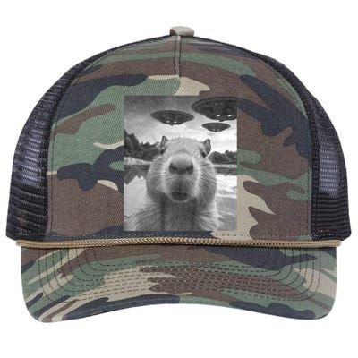 Funny Graphic Capybara Selfie With Ufos Weird Retro Rope Trucker Hat Cap