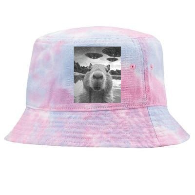 Funny Graphic Capybara Selfie With Ufos Weird Tie-Dyed Bucket Hat