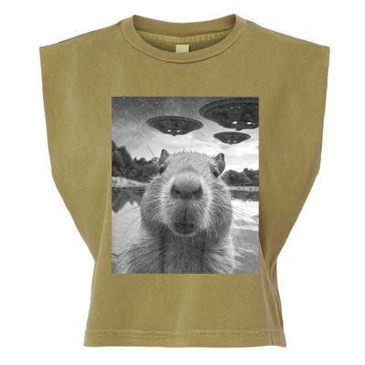 Funny Graphic Capybara Selfie With Ufos Weird Garment-Dyed Women's Muscle Tee