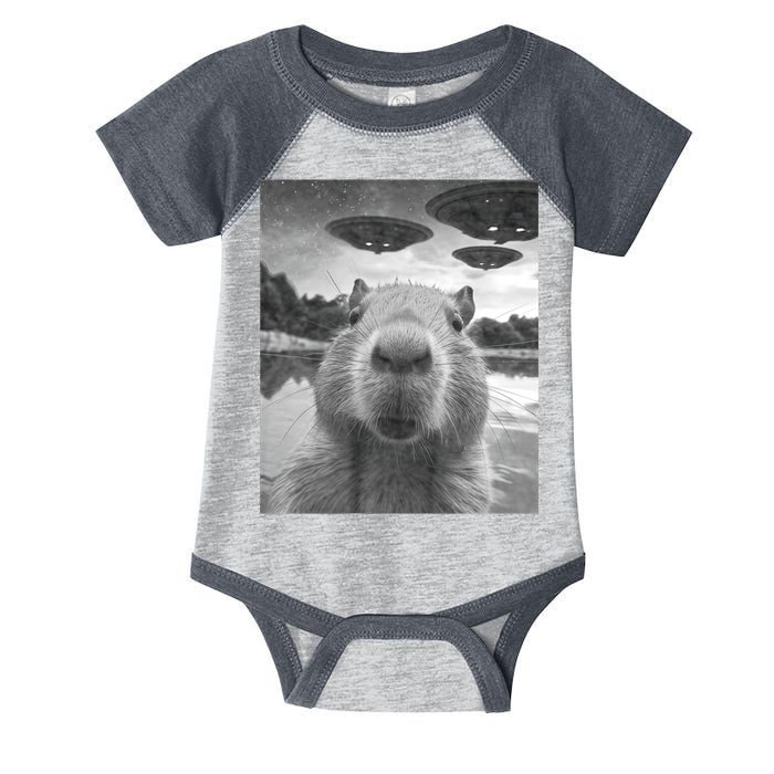 Funny Graphic Capybara Selfie With Ufos Weird Infant Baby Jersey Bodysuit