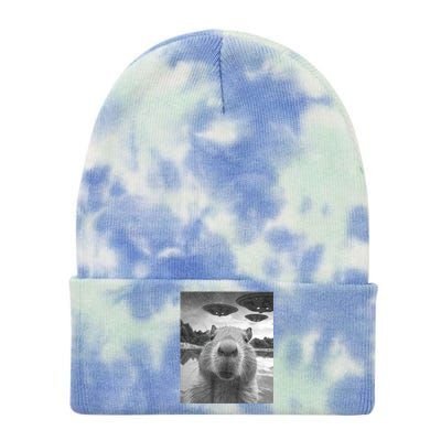 Funny Graphic Capybara Selfie With Ufos Weird Tie Dye 12in Knit Beanie